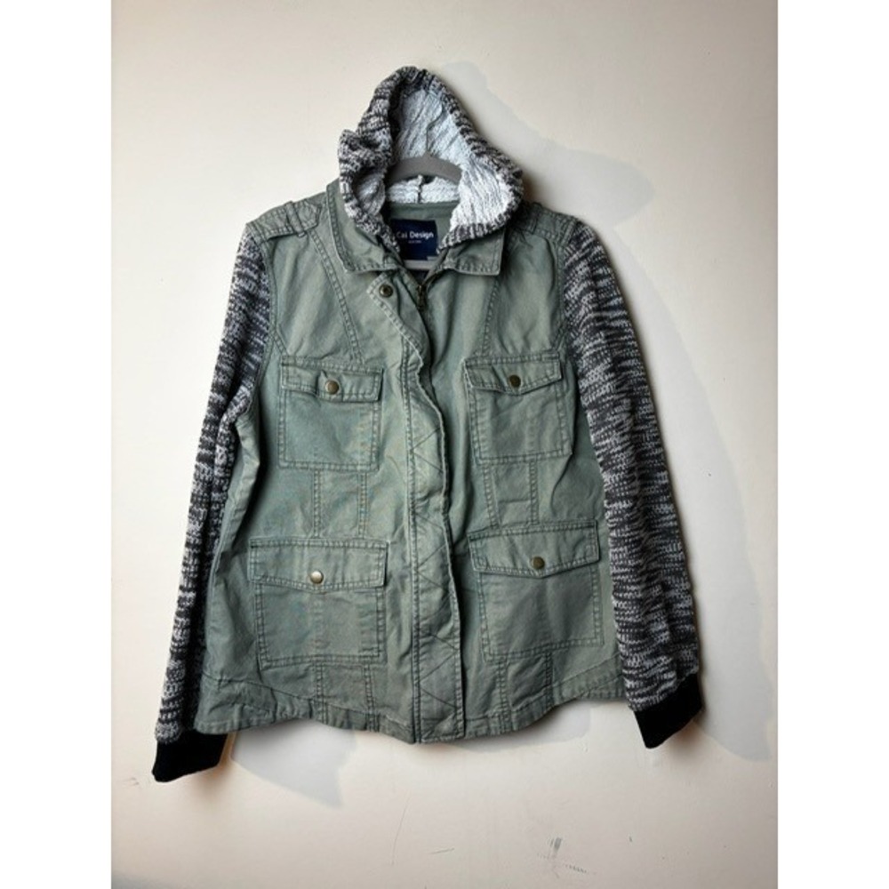 Women's XL Khaki Green Hooded Utility Jacket Contrast‎ Sleeve Chore Granola